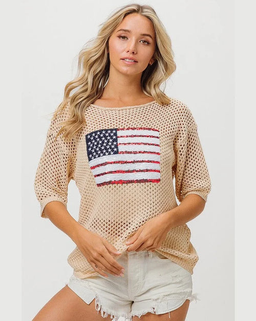Sequin Flag Cover Up-Shirts & Tops-BiBi-Oatmeal-Small-Inspired Wings Fashion
