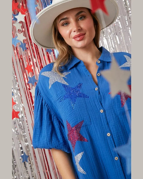 Rhinestone Star Shirt Dress-Dresses-Peach Love California-Blue-Small-Inspired Wings Fashion