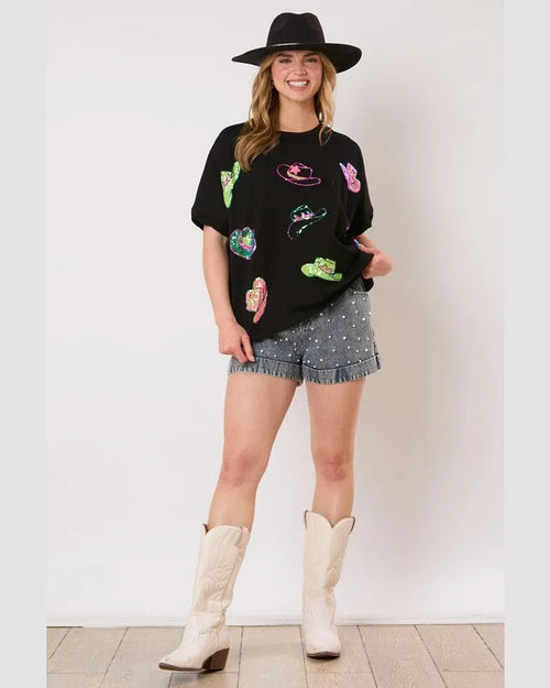 Cowboy Hats Sequins Top-Shirts & Tops-Fantastic Fawn-Black-Small-Inspired Wings Fashion