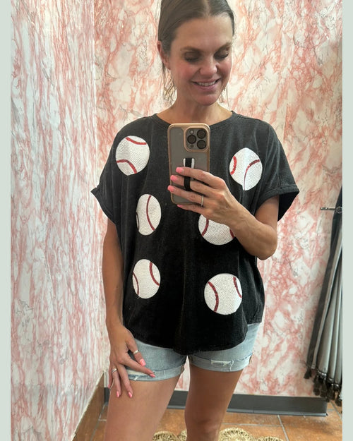 Sequin Baseballs Top-Shirts & Tops-Inspired Wings Fashion-Black Charcoal-Small-Inspired Wings Fashion