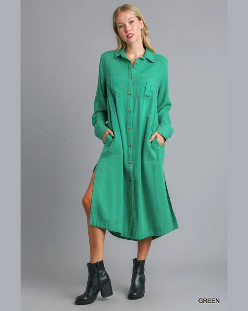 Mineral Wash Button Down Dress-Dresses-Umgee-Small-Green-Inspired Wings Fashion