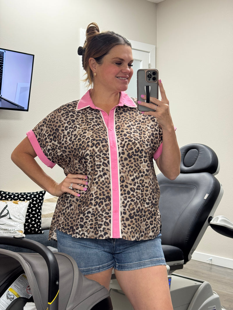 Leopard Print Contrast Top-Shirts & Tops-Entro-Pink-Small-Inspired Wings Fashion