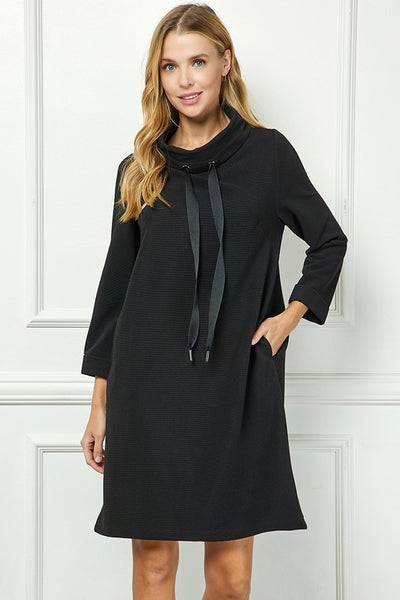 mock turtleneck mini dress Turtleneck Long Sleeve Mini Dress with Slit and Ribbed Paneling