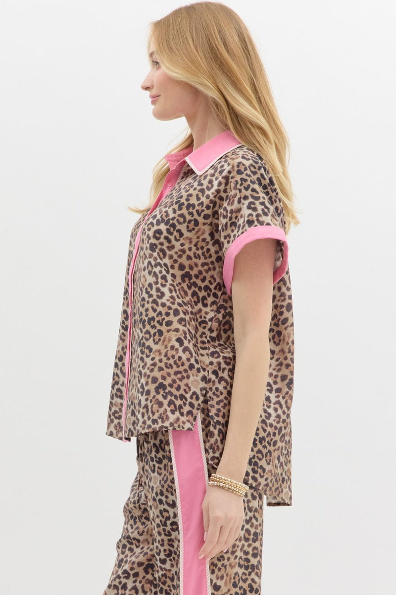 Leopard Print Contrast Top-Shirts & Tops-Entro-Pink-Small-Inspired Wings Fashion