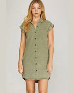 Folded Cuff Button Down Dress-Dresses-She+Sky-Small-Olive-Inspired Wings Fashion