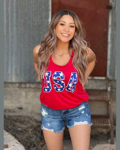 USA Tank with Stars in Blue Glitter-Shirts & Tops-Texas True Threads-XS-Solid Red-Inspired Wings Fashion
