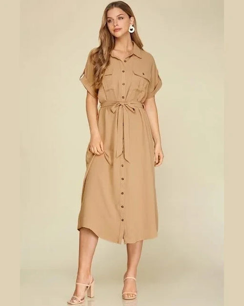 Drop Shoulder Button Down Dress-dress-She+Sky-Small-Taupe-Inspired Wings Fashion