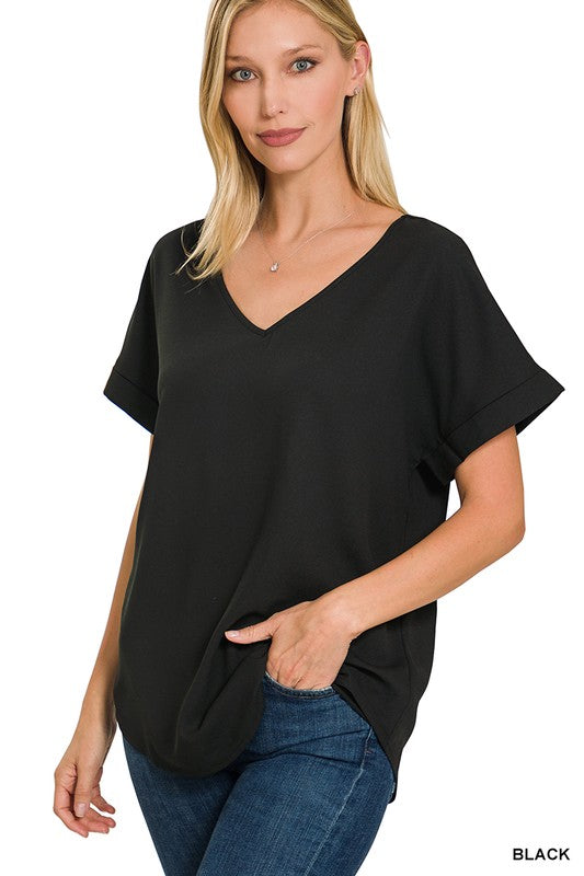 Woven Heavy Dobby Rolled Sleeve V-Neck Top-Top-Zenana-Small-Black-Inspired Wings Fashion