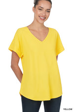 Woven Heavy Dobby Rolled Sleeve V-Neck Top-Top-Zenana-Small-Yellow-Inspired Wings Fashion