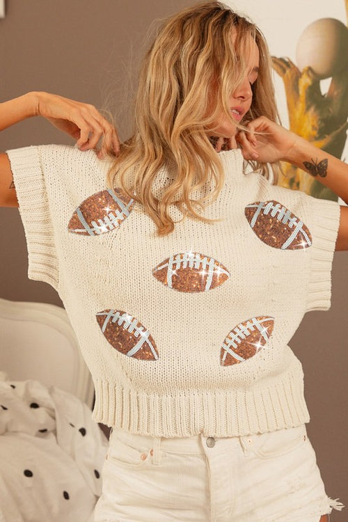 Sequin Football Patches Sweater-Shirts & Tops-BiBi-Oatmeal-Small-Inspired Wings Fashion