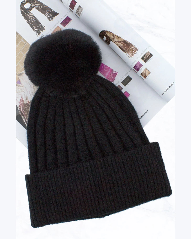 Knitted Beanie With Pom-Hats-Suzy Q USA-Black-Inspired Wings Fashion