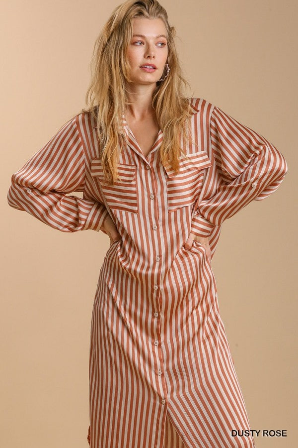 Striped Long Sleeve Button Down Midi Dress-Dresses-Umgee-Small-Dusty Rose-Inspired Wings Fashion