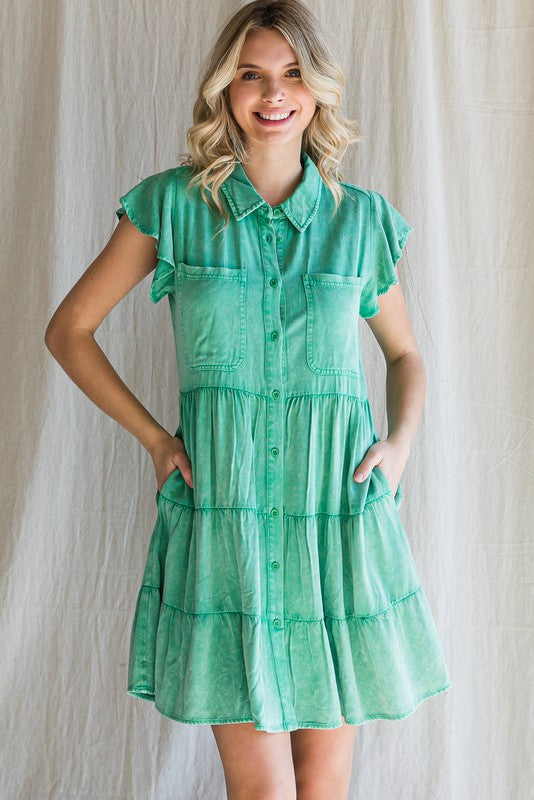 Ruffled Shoulder Tiered Dress-Dress-Jodifl-Kelly Green-Small-Inspired Wings Fashion