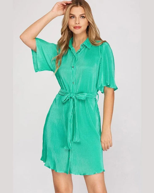 Half Sleeve Plisse Button Down Dress-Dresses-She + Sky-Small-Jade-Inspired Wings Fashion