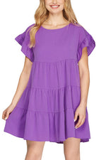 Ruffled Sleeve Textured Woven Dress-Dresses-She + Sky-Small-Purple-Inspired Wings Fashion