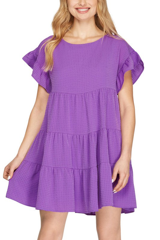 Ruffled Sleeve Textured Woven Dress-Dresses-She + Sky-Small-Purple-Inspired Wings Fashion