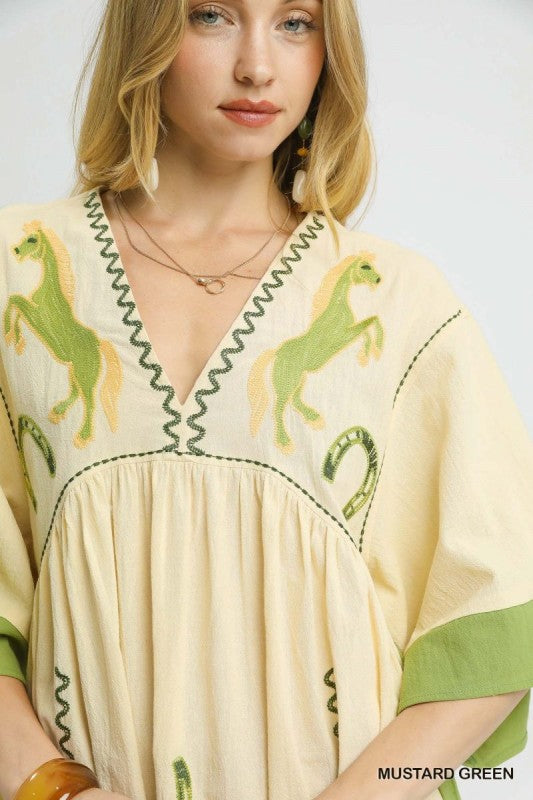 Horse Embroidery Babydoll Dress-Dress-Umgee-Mustard Green-Small-Inspired Wings Fashion