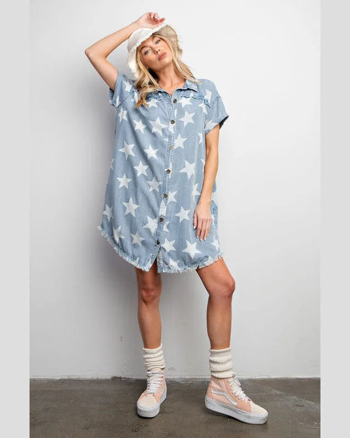 Twinkle Star Denim Shirt Dress-Dresses-Easel-Small-Washed Denim-Inspired Wings Fashion