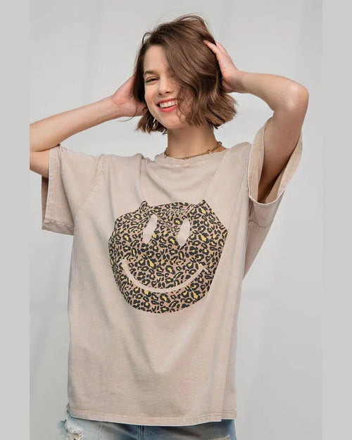 Happy Face Print Washed Cotton Top-Graphic Tee-Easel-Small-Khaki-Inspired Wings Fashion