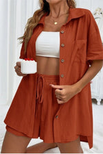 Linen Sets Short Sleeve Button Down Shirt and Short Set-Matching Set-The Free Yoga-Small-Rust-Inspired Wings Fashion