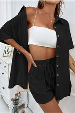 Linen Sets Short Sleeve Button Down Shirt and Short Set-Matching Set-The Free Yoga-Small-Black-Inspired Wings Fashion