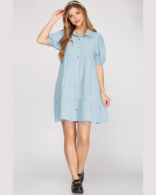Puff Sleeve Tiered Shirt Dress-Dresses-She + Sky-Small-Lt. Blue-Inspired Wings Fashion