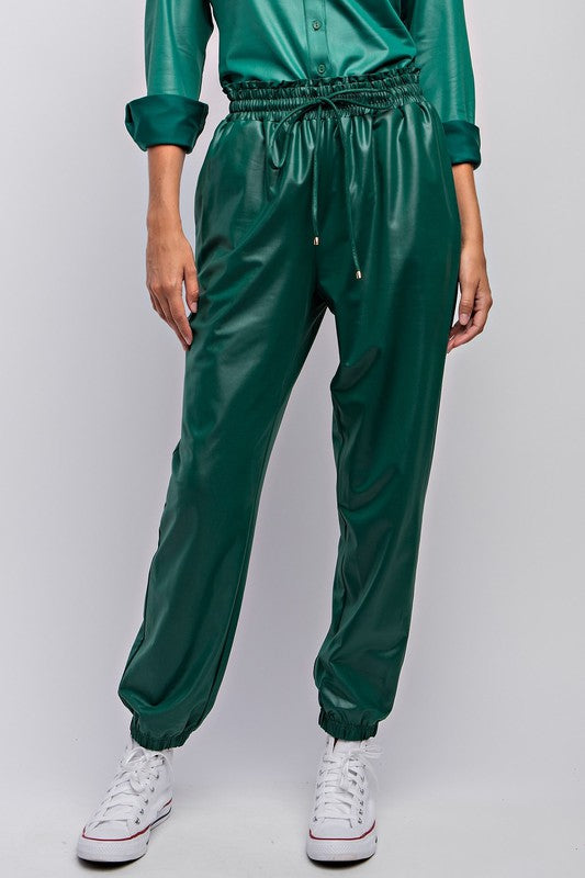Faux Leather Jogger Pants-joggers-LLove-Small-Forest Green-Inspired Wings Fashion