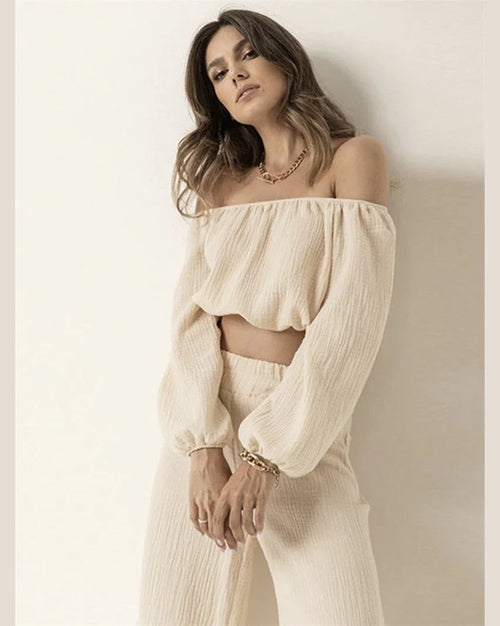 Linen Sets Crop Top and High Waist Wide Leg Pants-Matching Set-The Free Yoga-Small-Khaki-Inspired Wings Fashion
