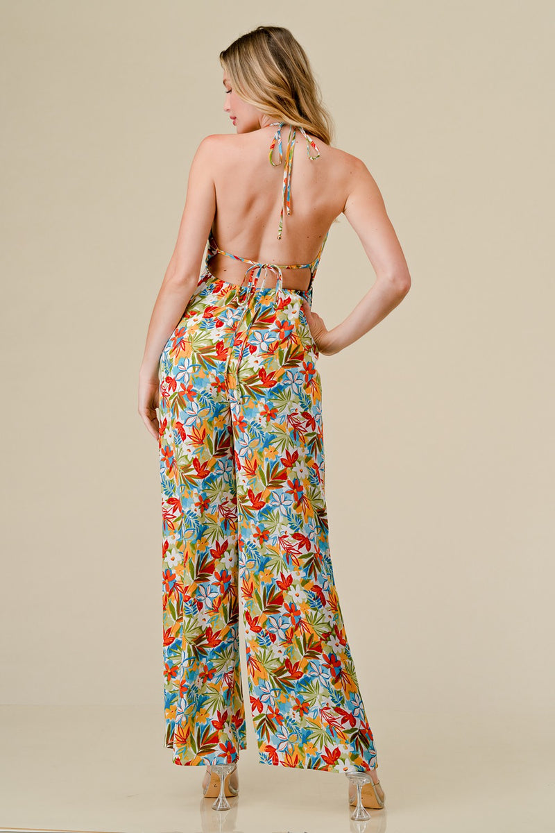 Floral Halter Neck Jumpsuit-Jumpsuit-Beivy-Small-Ivory Tangerine-Inspired Wings Fashion