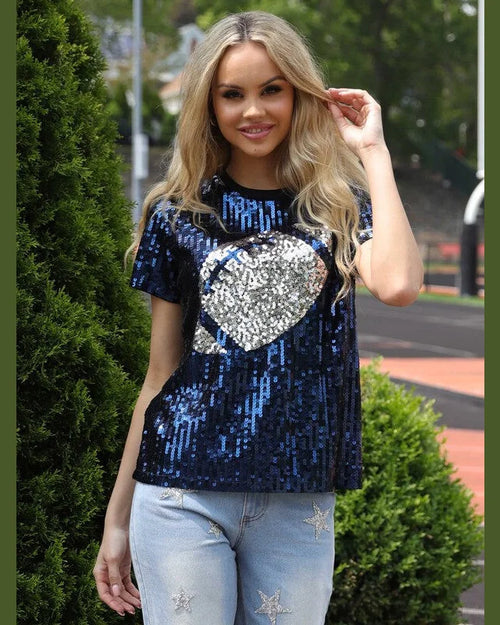 Football Sequin Top-Shirts & Tops-Why Dress-Navy/Silver-Small-Inspired Wings Fashion