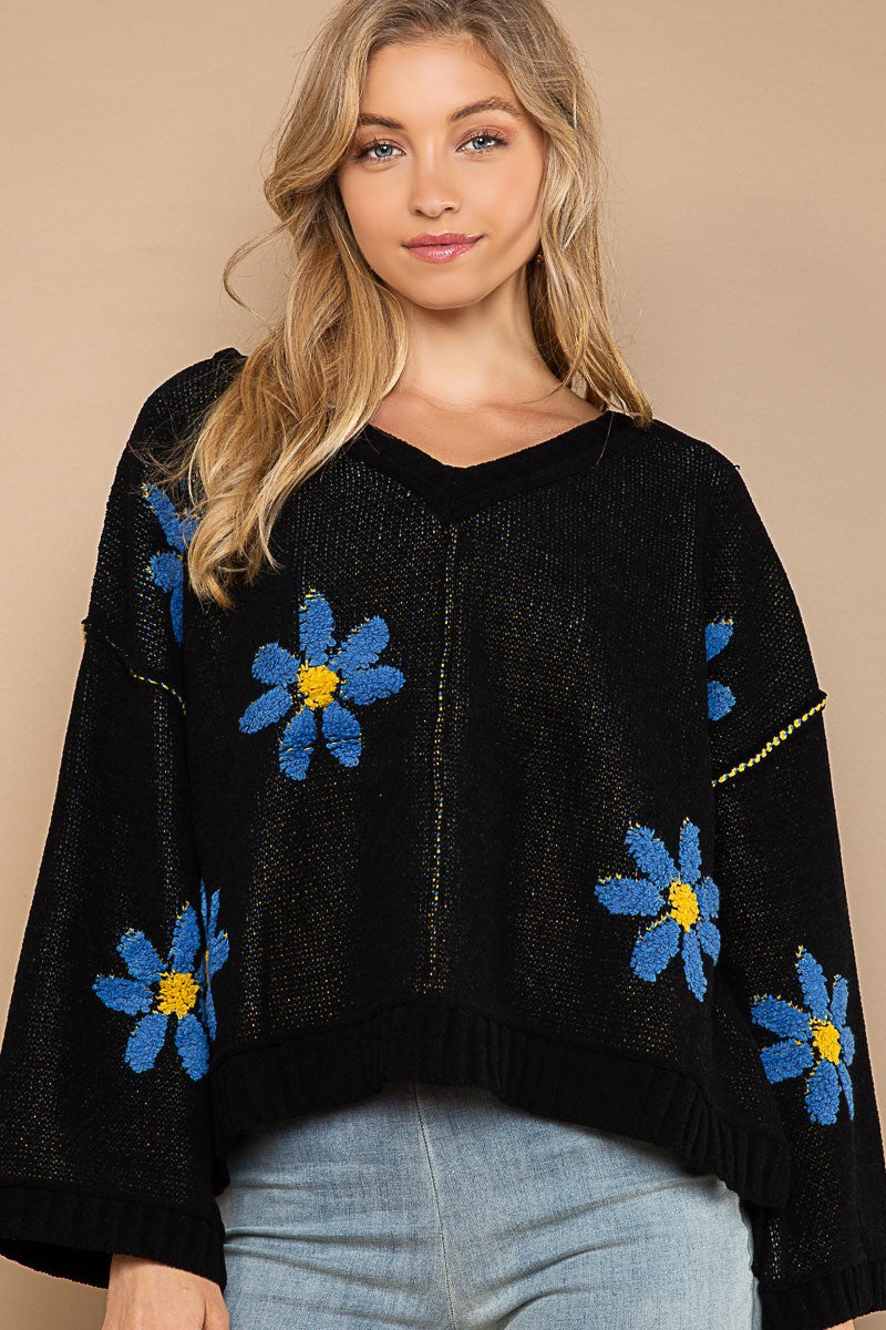 Chenille Daisy Sweater-Sweaters-POL-Small-Black-Inspired Wings Fashion