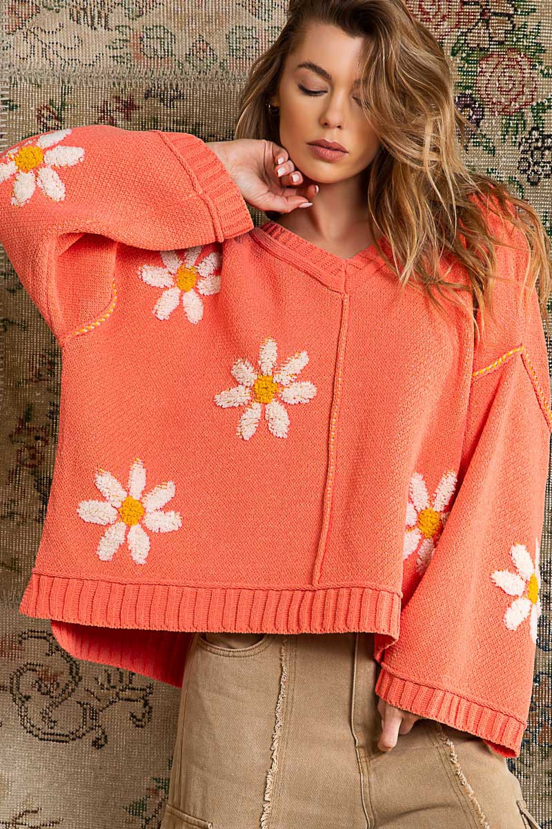 Chenille Daisy Sweater-Sweaters-POL-Small-Coral-Inspired Wings Fashion