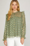 Gold Dot Chiffon Blouse-Shirts & Tops-She+Sky-Small-Lt. Olive-Inspired Wings Fashion