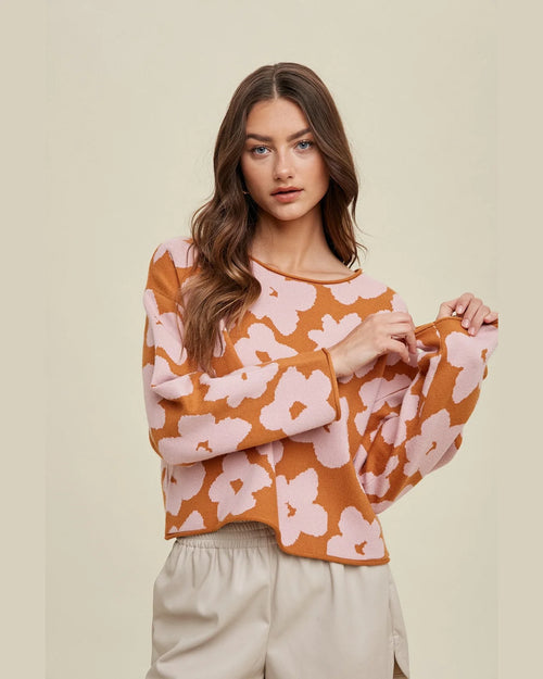 Floral Jacquard Crop Sweater-Sweaters-Wishlist-Small-Camel/Blush-Inspired Wings Fashion