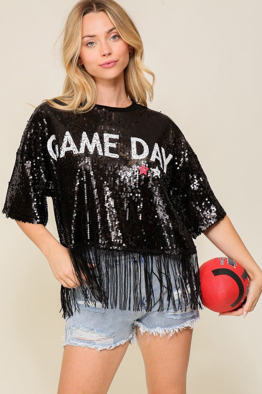 Sequin Game Day Fringe Top-Tops-Timing-Small-Black-Inspired Wings Fashion