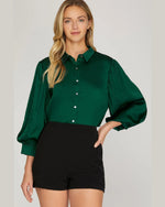 Bubble Sleeve Satin Top-Shirts & Tops-She+Sky-Small-Teal Green-Inspired Wings Fashion