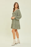 Textured V-Neck Smocked Tiered Ruffle Dress-Dresses-Heyson-Small-Faded Olive-Inspired Wings Fashion