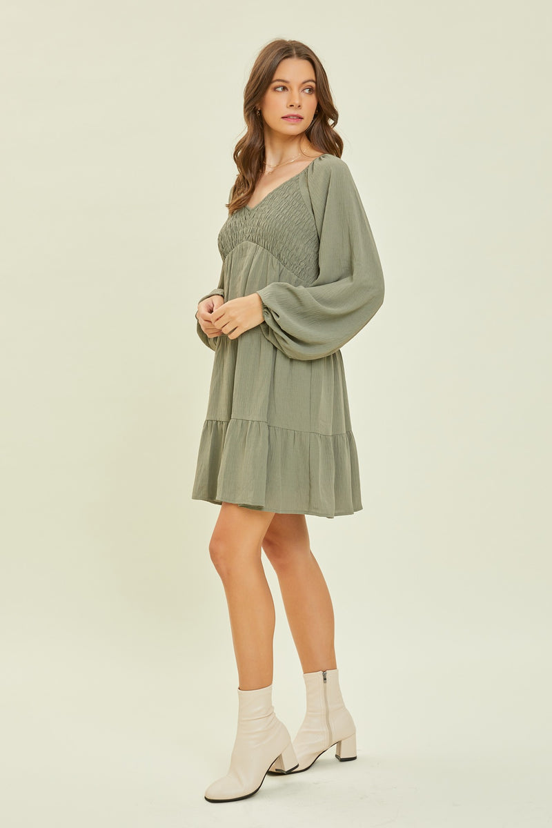 Textured V-Neck Smocked Tiered Ruffle Dress-Dresses-Heyson-Small-Faded Olive-Inspired Wings Fashion
