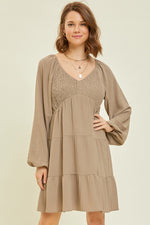 Textured V-Neck Smocked Tiered Ruffle Dress-Dresses-Heyson-Small-Faded Taupe-Inspired Wings Fashion
