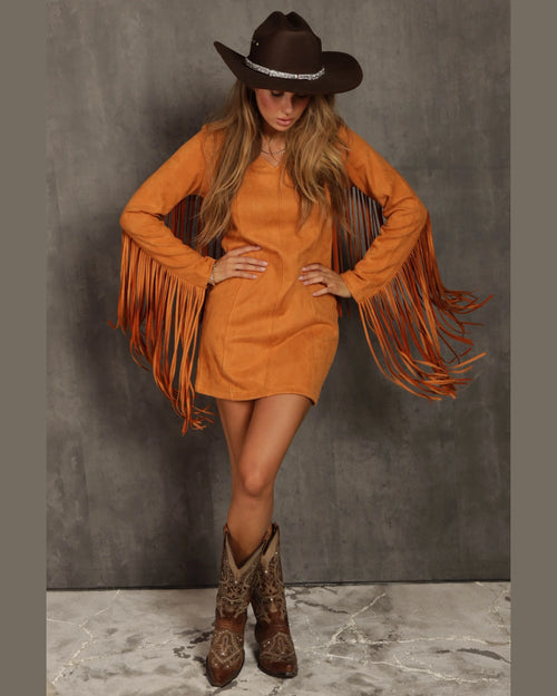 Suede Fringe Dress-Dresses-Blue Buttercup-Small-Camel-Inspired Wings Fashion