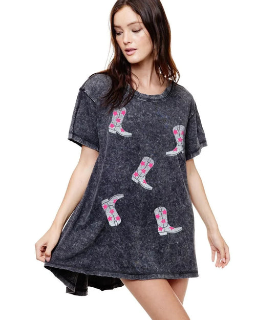 Metallic Cowboy Boots Graphic Tunic Top-Shirts & Tops-Zutter-S/M-Black-Inspired Wings Fashion