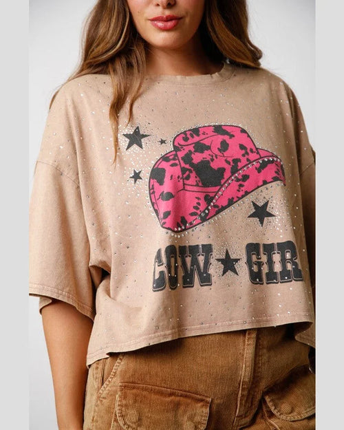 Cowgirl Acid Wash Crop Tee-Tops-Fantastic Fawn-Small-Camel-Inspired Wings Fashion