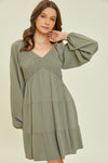 Textured V-Neck Smocked Tiered Ruffle Dress-Dresses-Heyson-Small-Faded Olive-Inspired Wings Fashion