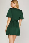 Balloon Sleeve Satin Dress-Dresses-She+Sky-Small-Dark Green-Inspired Wings Fashion