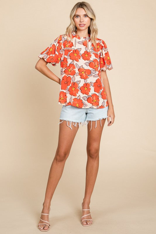 Flower Puff Top-Tops-Jodifl-Ivory/Orange-Small-Inspired Wings Fashion