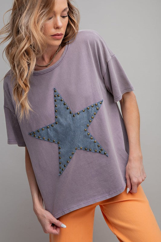 Studded Star Patch Top-Shirts & Tops-Easel-Dusty Lilac-Small-Inspired Wings Fashion