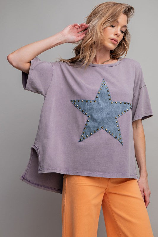 Studded Star Patch Top-Shirts & Tops-Easel-Dusty Khaki-Small-Inspired Wings Fashion