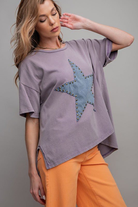 Studded Star Patch Top-Shirts & Tops-Easel-Dusty Khaki-Small-Inspired Wings Fashion