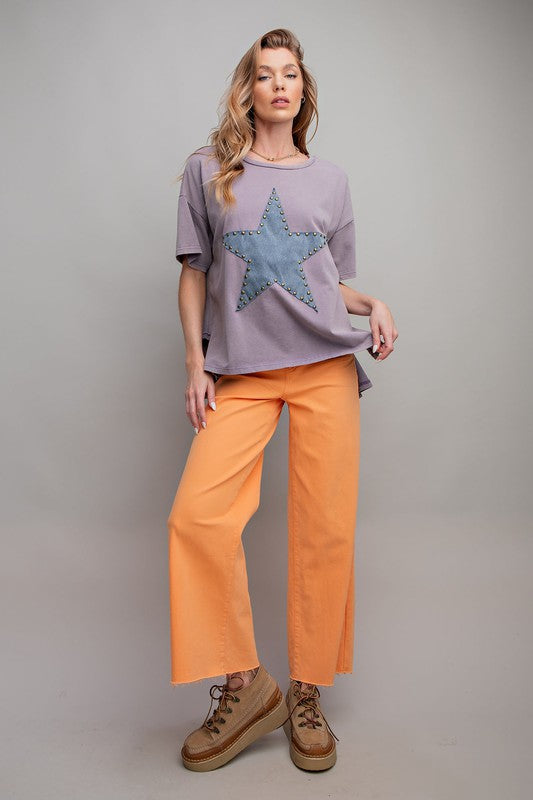 Studded Star Patch Top-Shirts & Tops-Easel-Dusty Khaki-Small-Inspired Wings Fashion