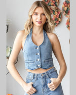 Denim Halter Vest-Vests-Veveret-Light Wash-Small-Inspired Wings Fashion